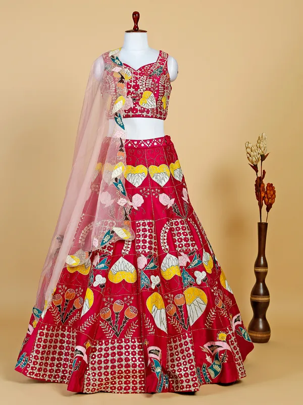 Dark pink raw silk lehenga choli