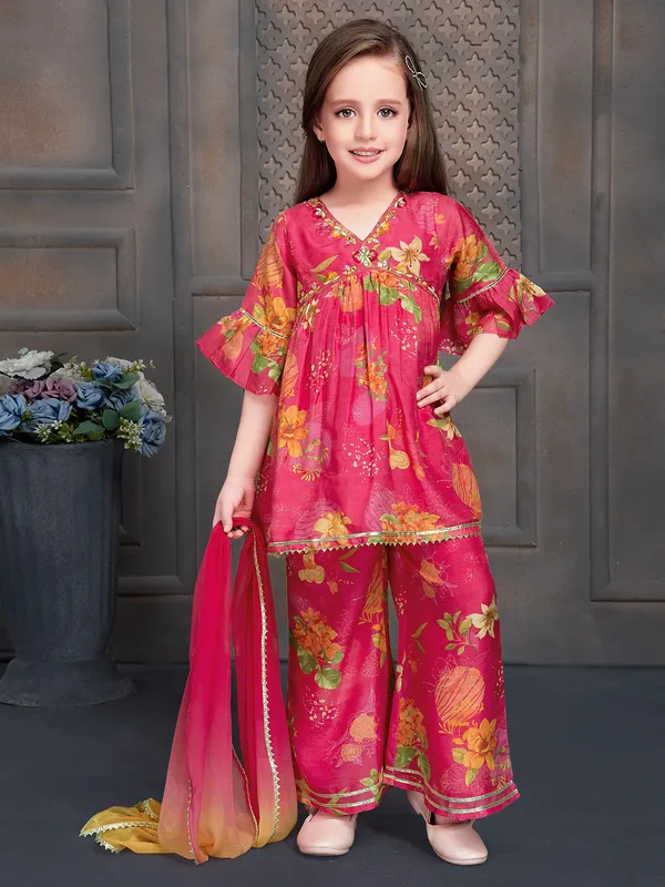 Dark pink silk floral printed palazzo suit