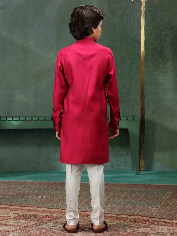 Dark pink silk plain kurta suit for boys