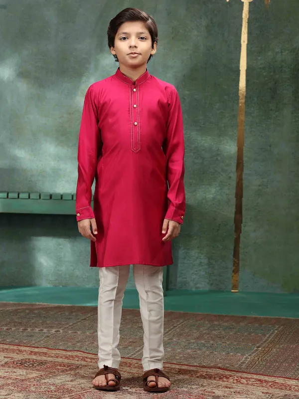 Dark pink silk plain kurta suit for boys