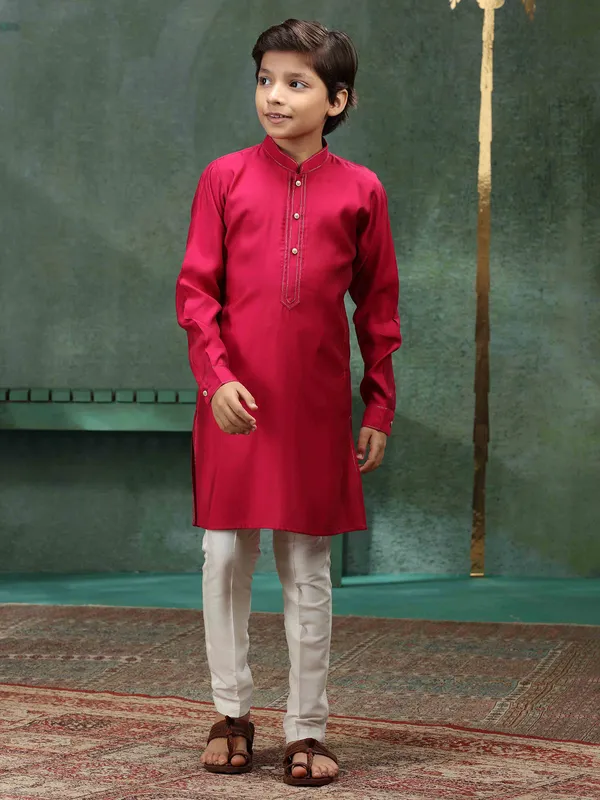 Dark pink silk plain kurta suit for boys