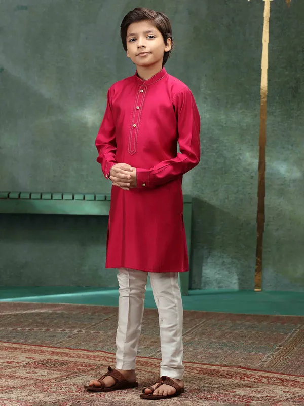 Dark pink silk plain kurta suit for boys