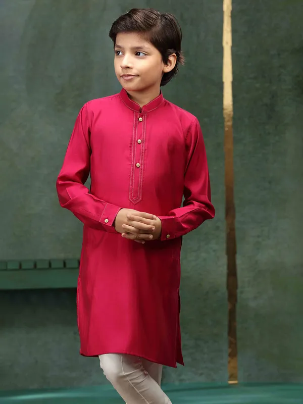 Dark pink silk plain kurta suit for boys