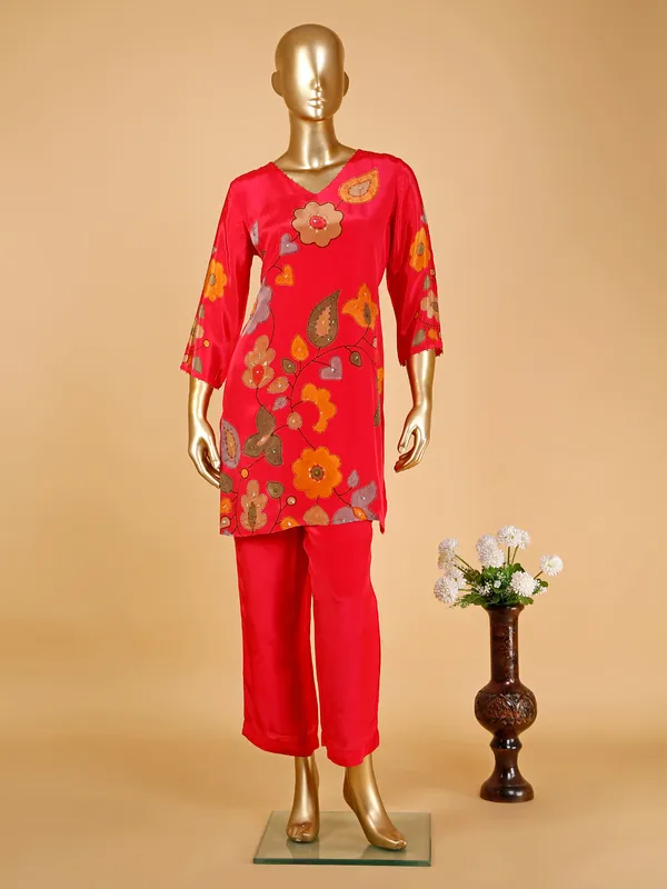 Dark pink silk printed co-ord set