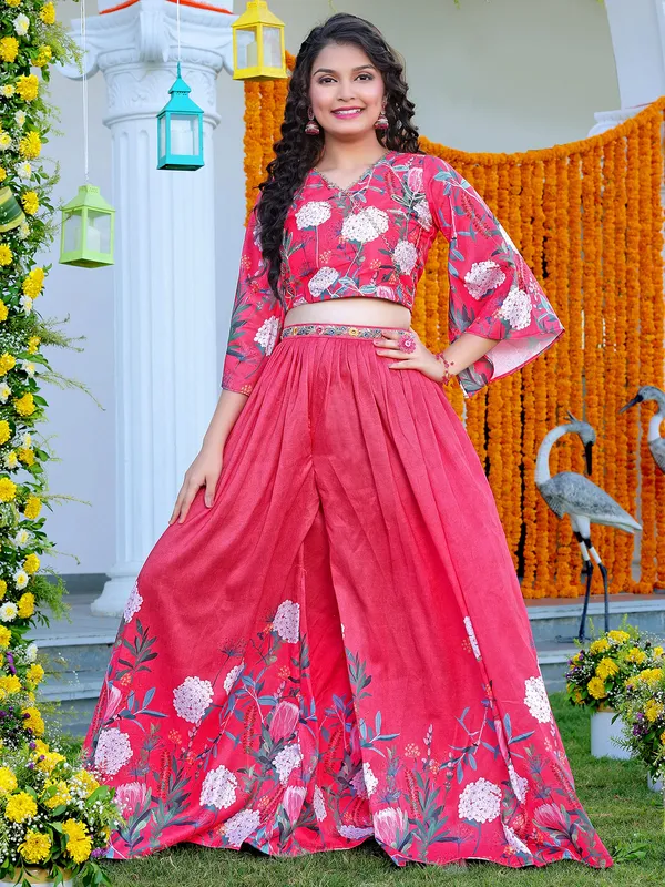 Dark pink silk printed crop top with palazzo