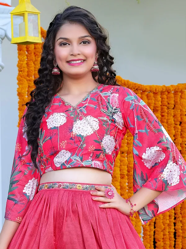 Dark pink silk printed crop top with palazzo