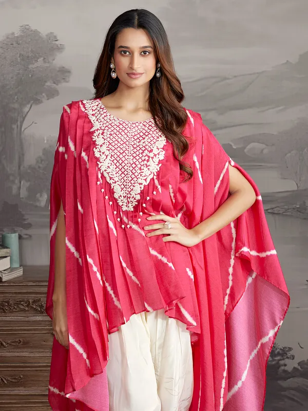 Dark pink silk printed dhoti salwar suit