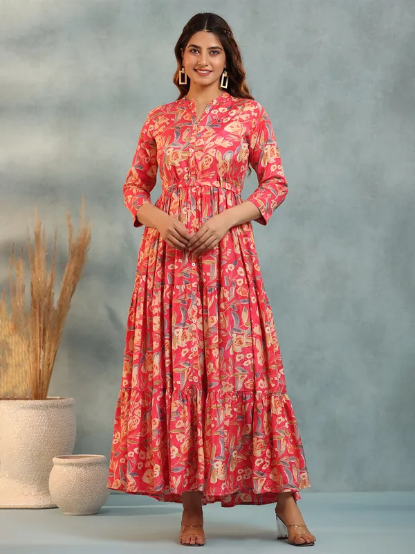 Dark pink silk printed long kurti