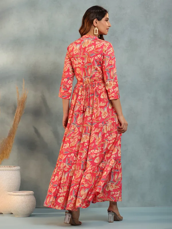 Dark pink silk printed long kurti