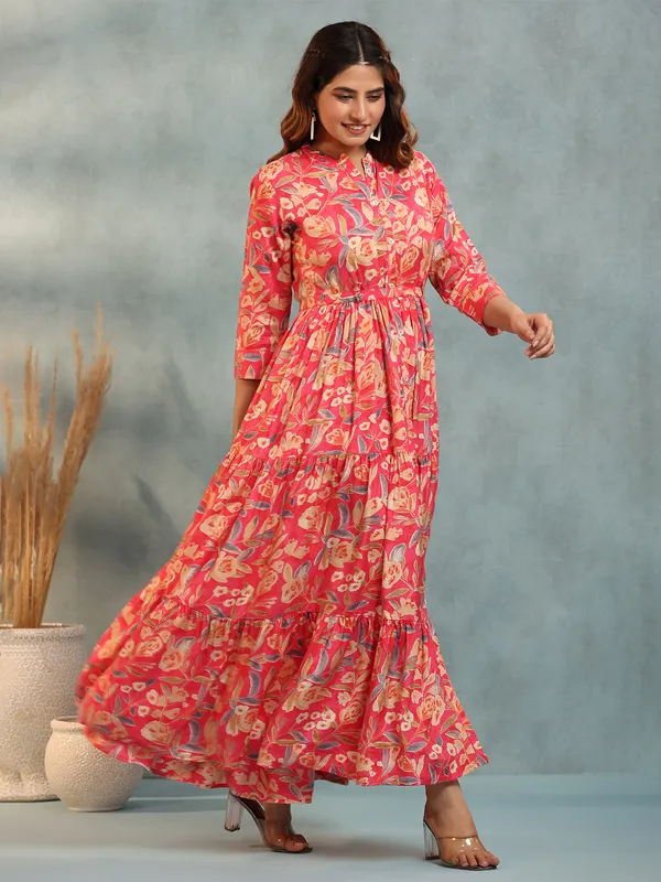 Dark pink silk printed long kurti