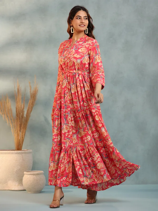 Dark pink silk printed long kurti