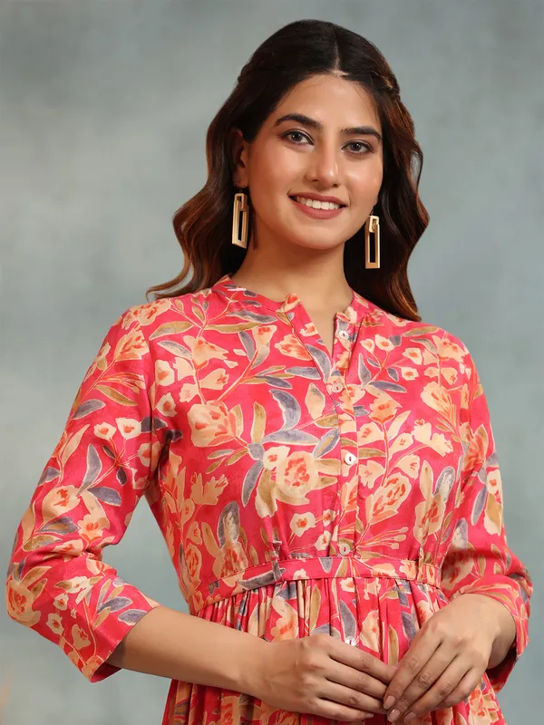 Dark pink silk printed long kurti