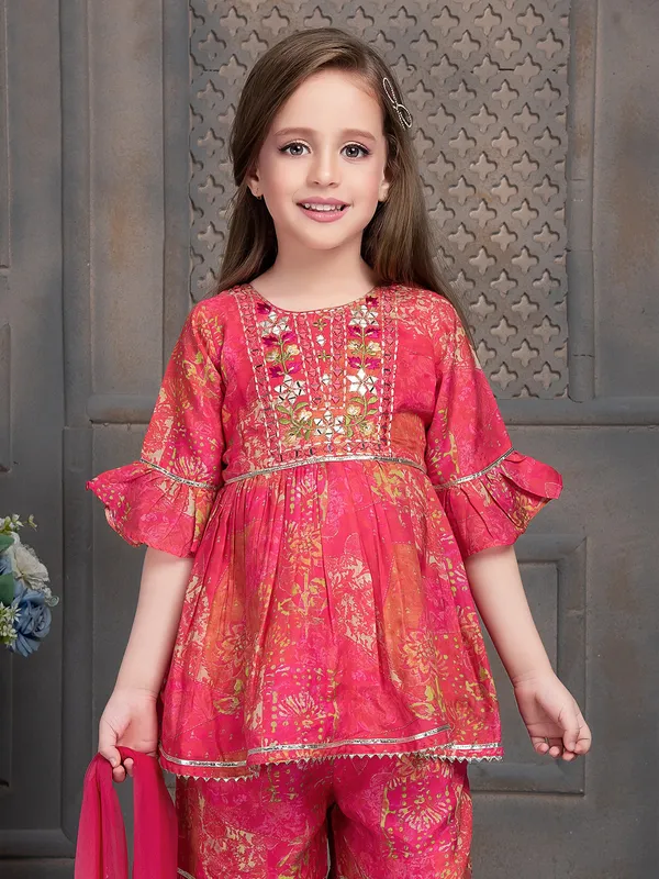 Dark pink silk printed sharara suit