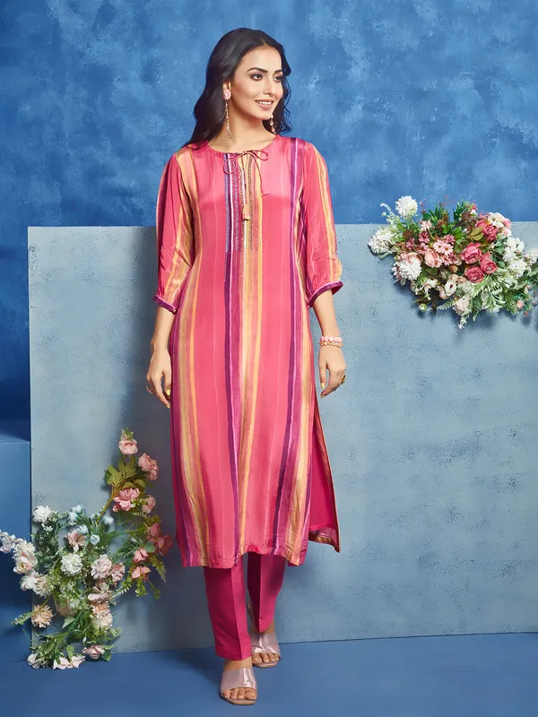 Dark pink silk stripe kurti set