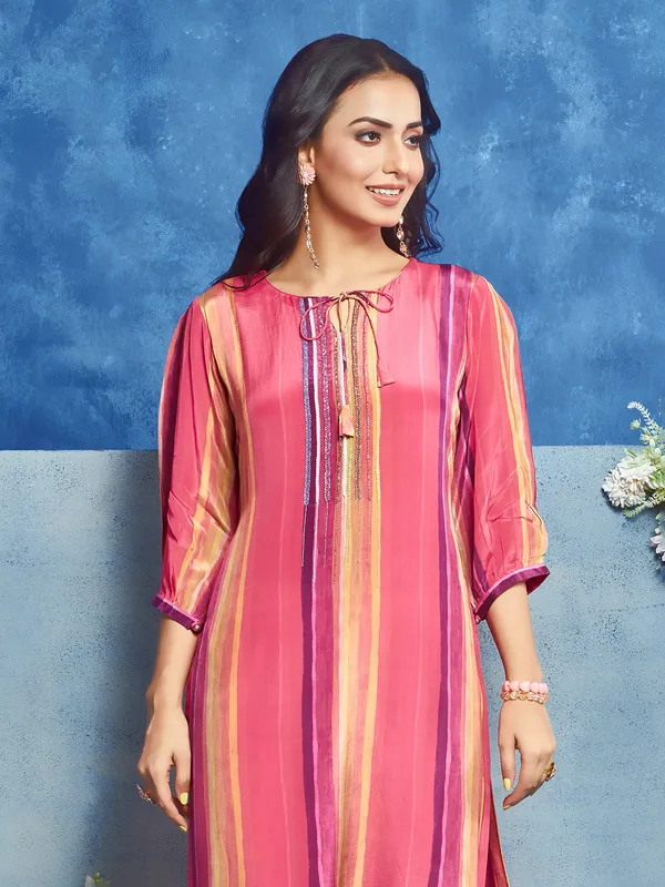 Dark pink silk stripe kurti set