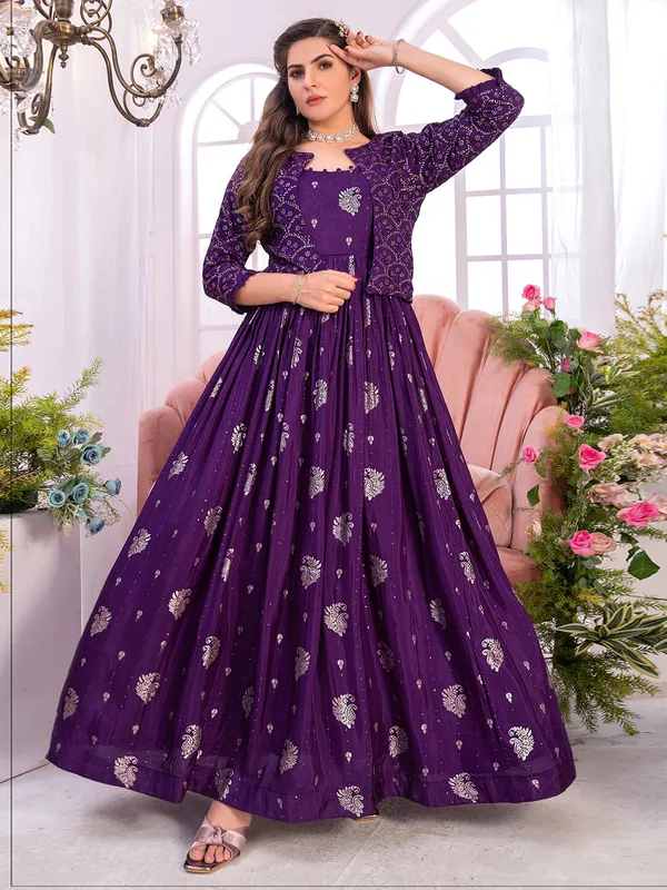 Dark purple banarasi silk anarkali suit