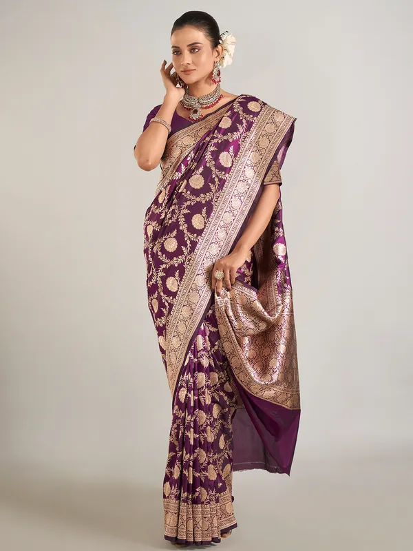 Dark purple banarasi silk saree for wedding wear