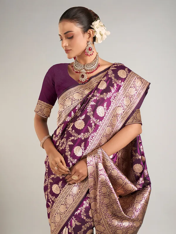 Dark purple banarasi silk saree for wedding wear
