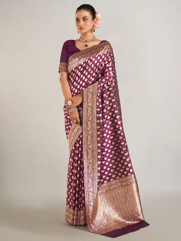 Dark purple banarasi silk zari weaving saree