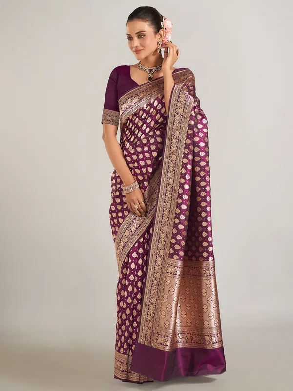 Dark purple banarasi silk zari weaving saree