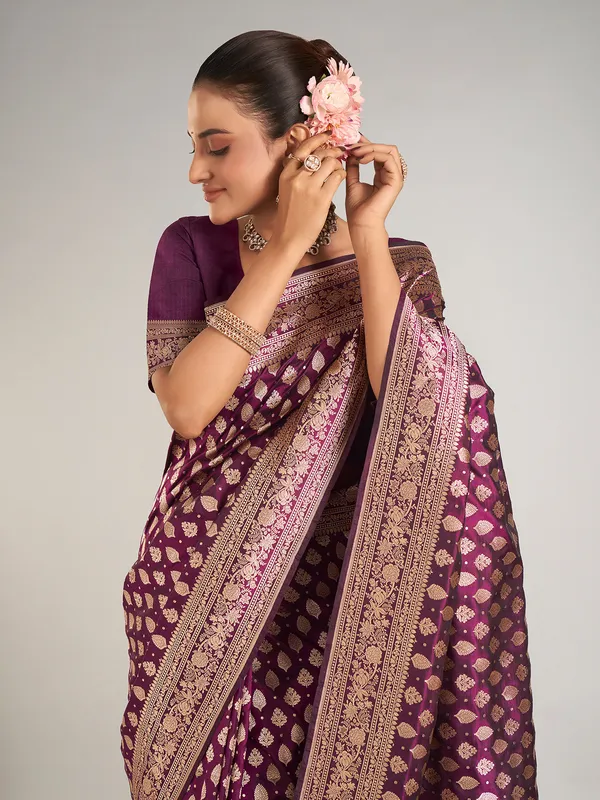 Dark purple banarasi silk zari weaving saree
