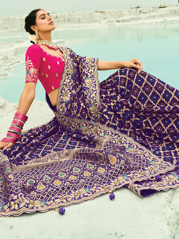 Dark purple bandhej georgette saree