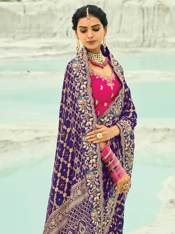 Dark purple bandhej georgette saree