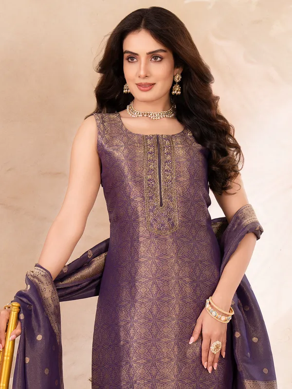 Dark purple brocade silk salwar suit for women