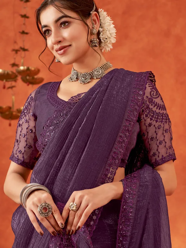 Dark purple chiffon saree for festive