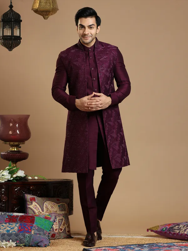 Dark purple color cotton silk indowestern