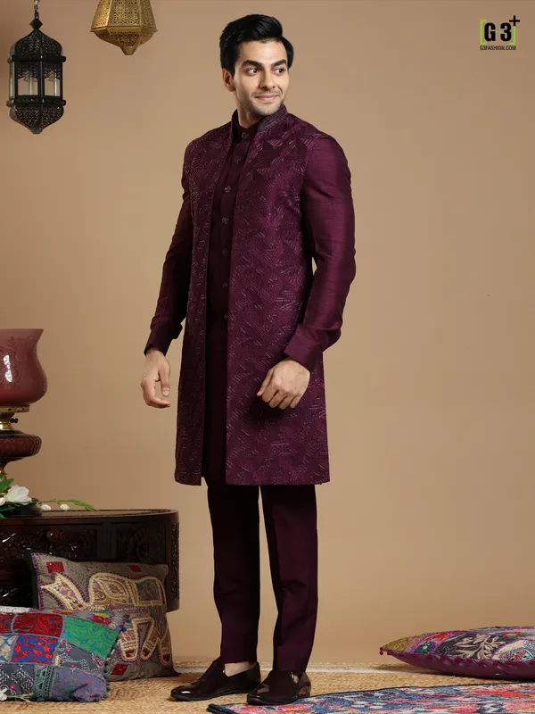Dark purple color cotton silk indowestern