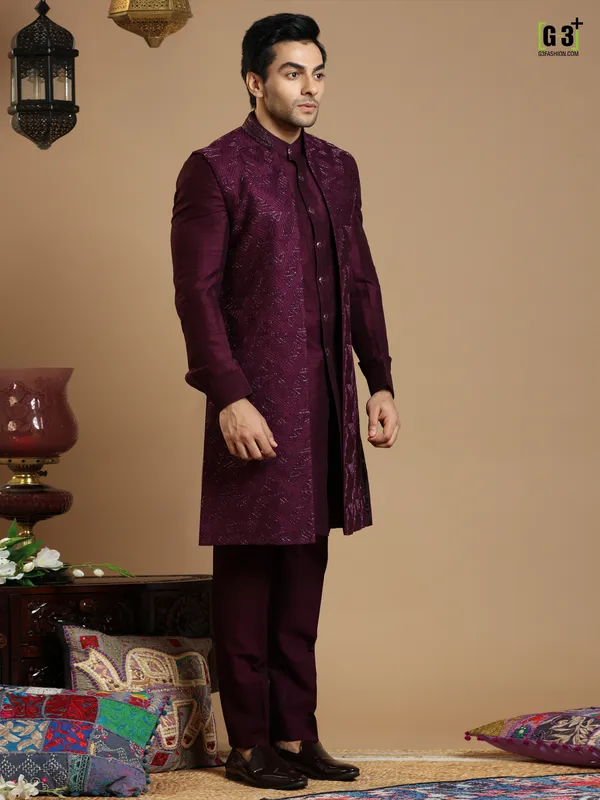 Dark purple color cotton silk indowestern