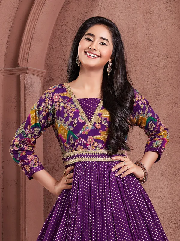 Dark purple designer gown in georgette for girls