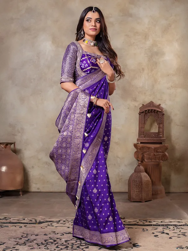 Dark purple dola silk saree with ready made blouse