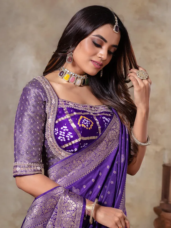 Dark purple dola silk saree with ready made blouse
