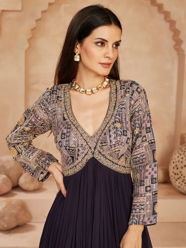Dark purple georgette anarkali suit with festive work