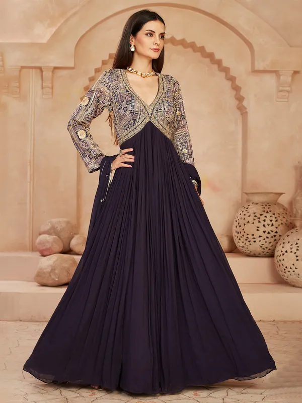 Dark purple georgette anarkali suit with festive work