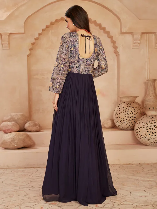 Dark purple georgette anarkali suit with festive work