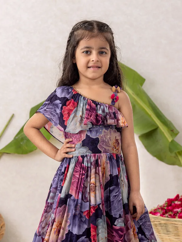 Dark purple georgette printed gown