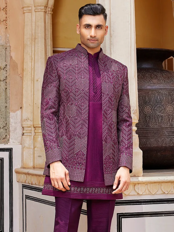Dark purple luxurious indo western for men