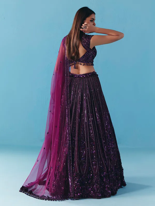 Dark purple net designer lehenga choli with dupatta