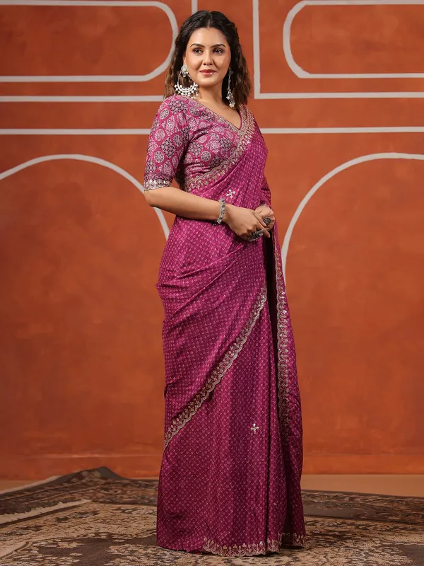 Dark purple printed muslin saree