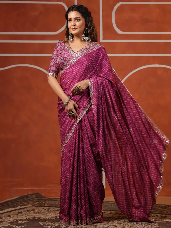 Dark purple printed muslin saree