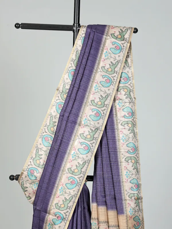 Dark purple printed semi cotton silk saree for festive