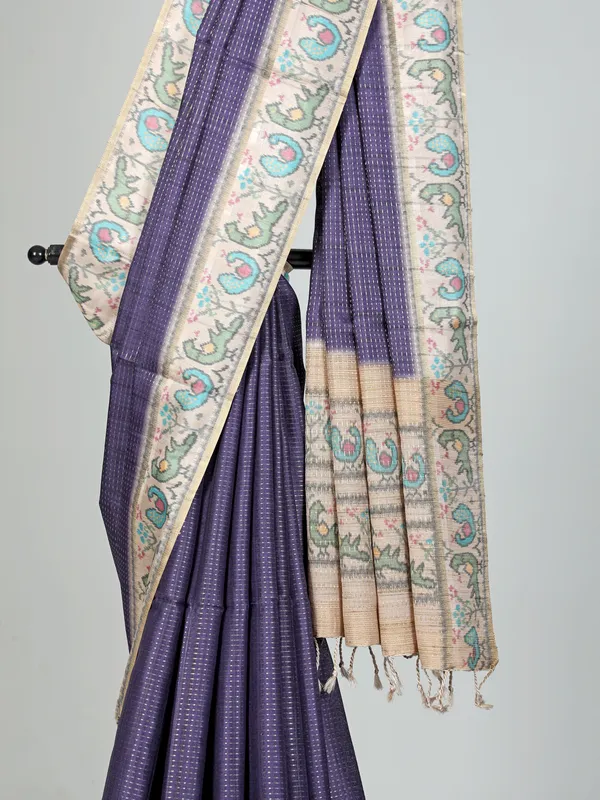 Dark purple printed semi cotton silk saree for festive