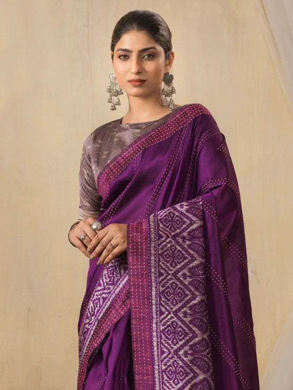 Dark purple printed shynthetics saree