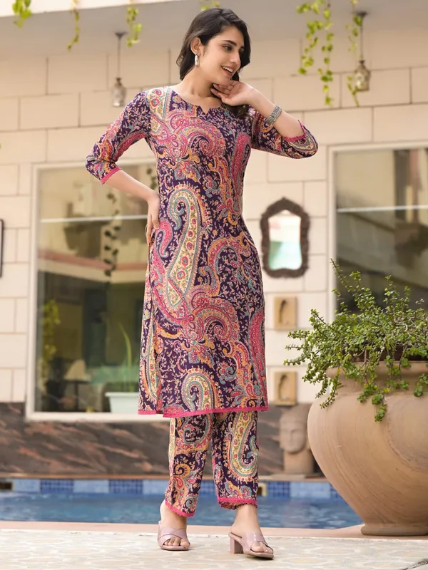 Dark purple printed silk kurti set