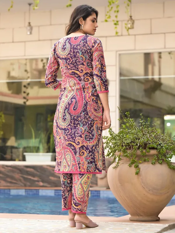 Dark purple printed silk kurti set