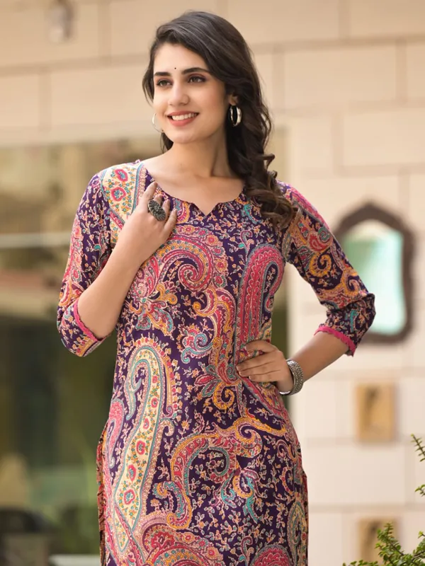 Dark purple printed silk kurti set