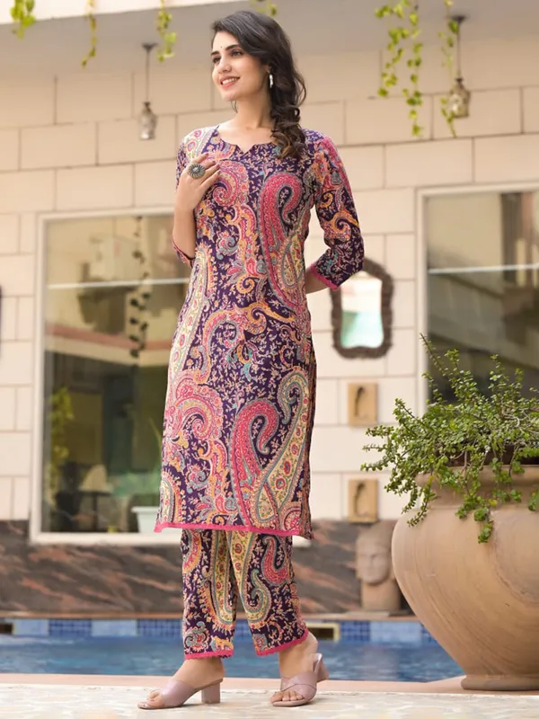 Dark purple printed silk kurti set